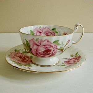 Vintage Aynsley Pink Cabbage Roses Teacup Saucer English Bone China Gold Gilt